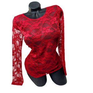 Red Floral Lace Layering Longsleeves Top with Stretch. LG ~ New !!!